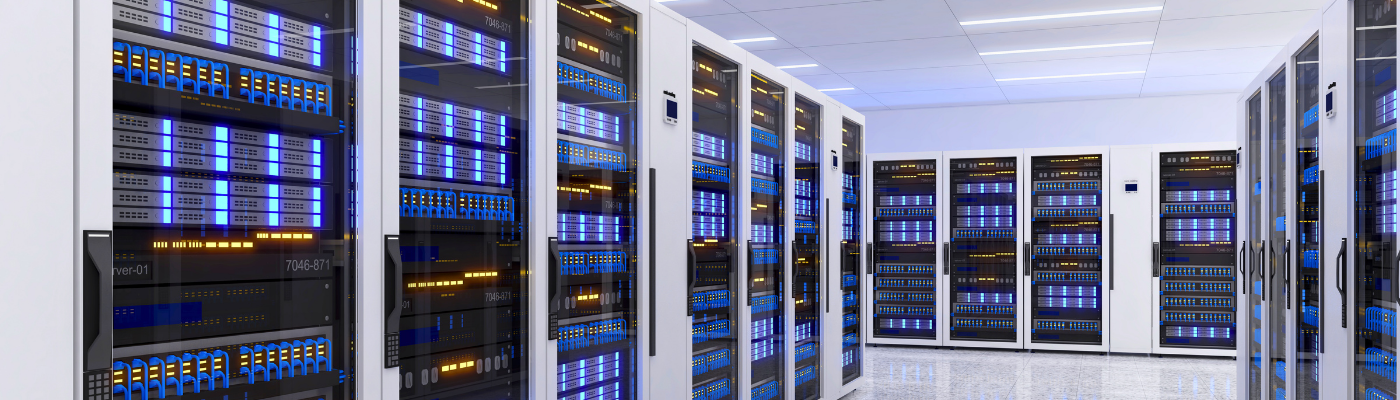 Data centre with multiple rows of server racks