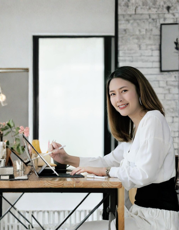 Woman using a tablet at her desk