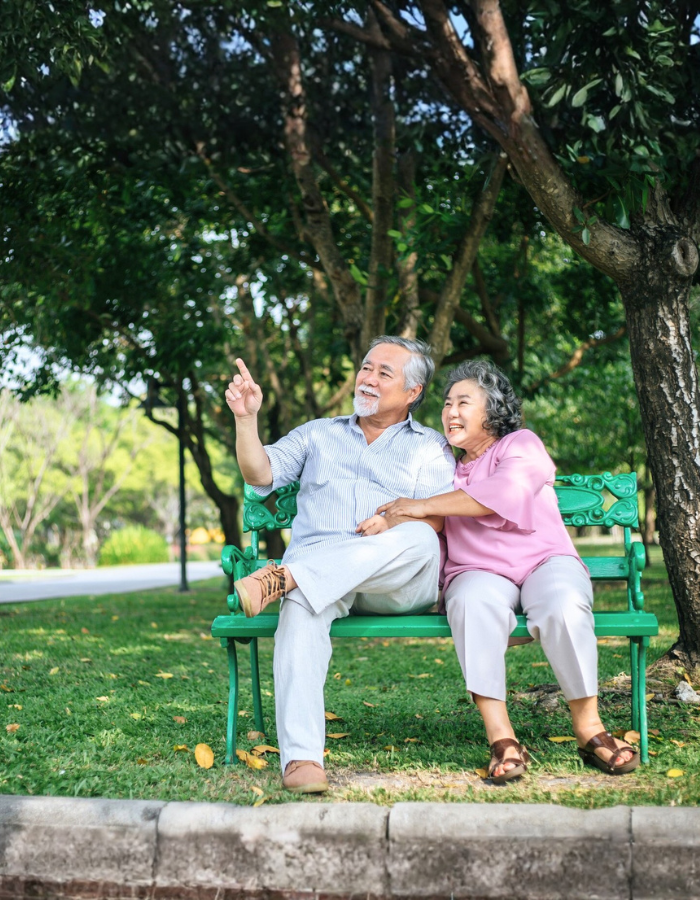 Senior couple relaxing on the bench in the park